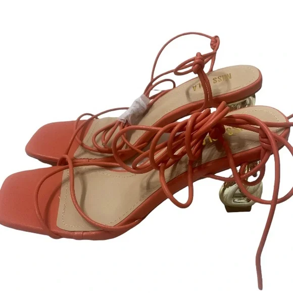 MISS LOLA Knot Detail Raya Peach Lace-Up Strappy Heels Sz:9 - Picture 7 of 15